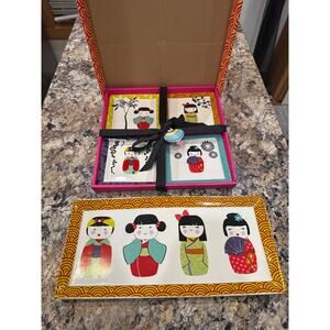 World Market Kokeshi Plates 5”x5” & Serving Tray 14.25” x 6.75”